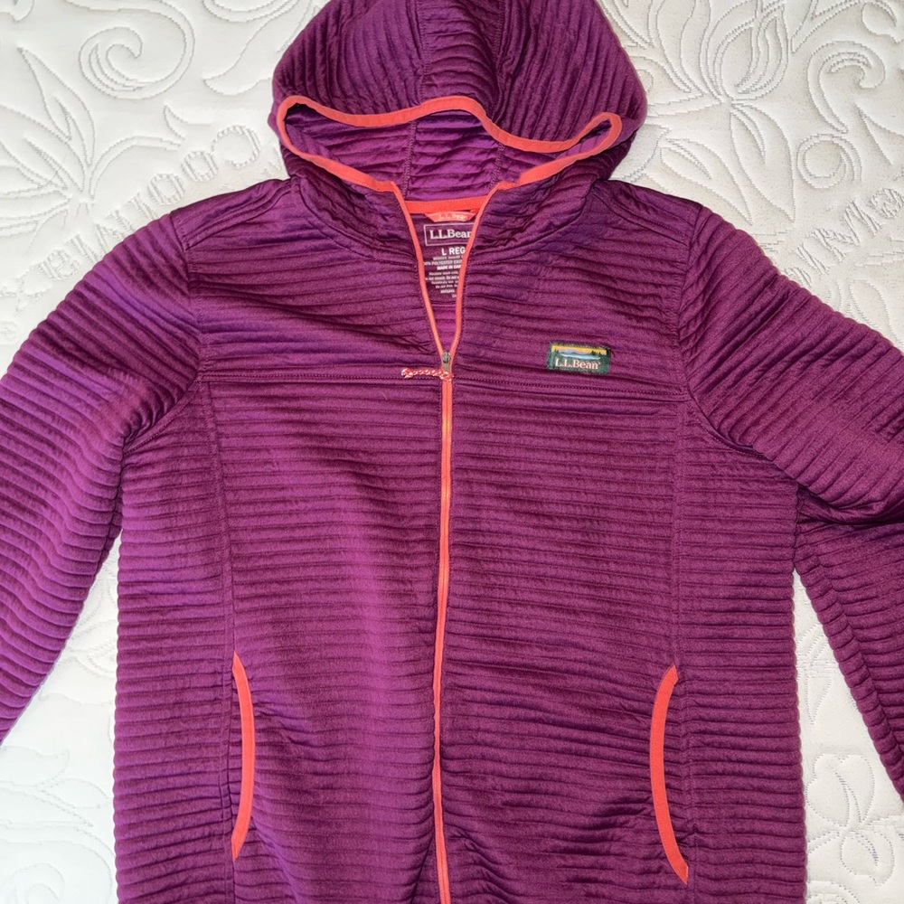 L.L. Bean Girls' Purple Hooded Zip-Up Jacket with Coral Trim